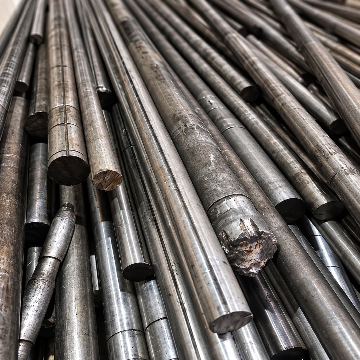 Barras metálicas de distintos diámetros y recortes industriales que Metal Harvest evalúa comprar en Colombia
