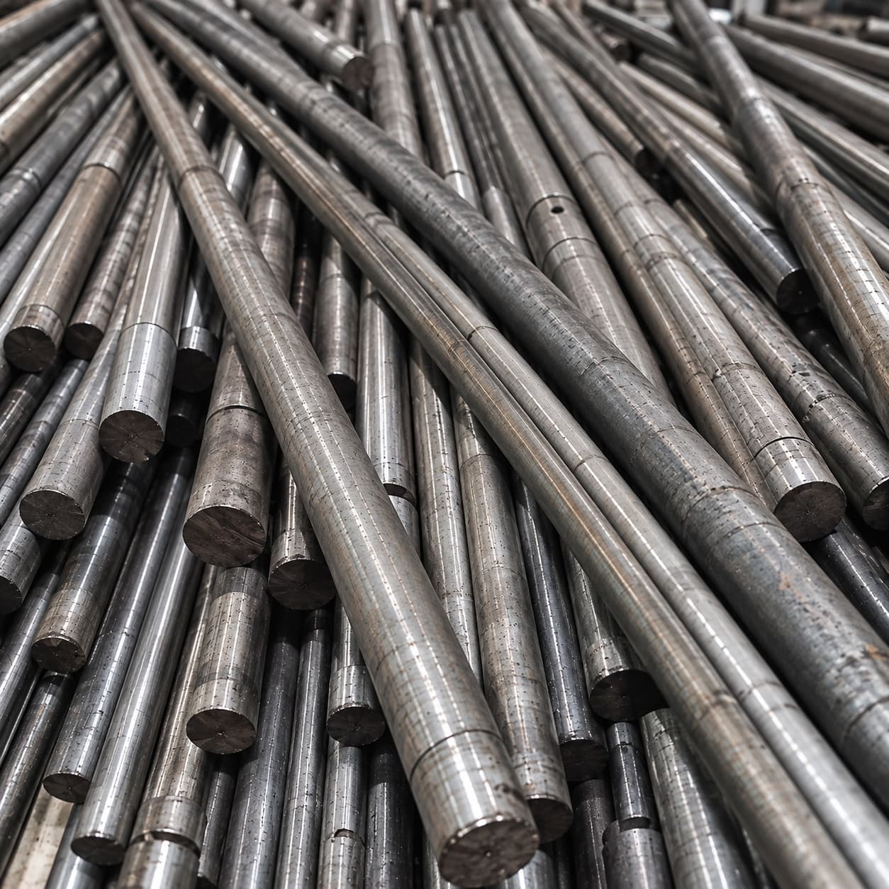 Varillas metálicas industriales apiladas para evaluación de compra en Metal Harvest, Colombia