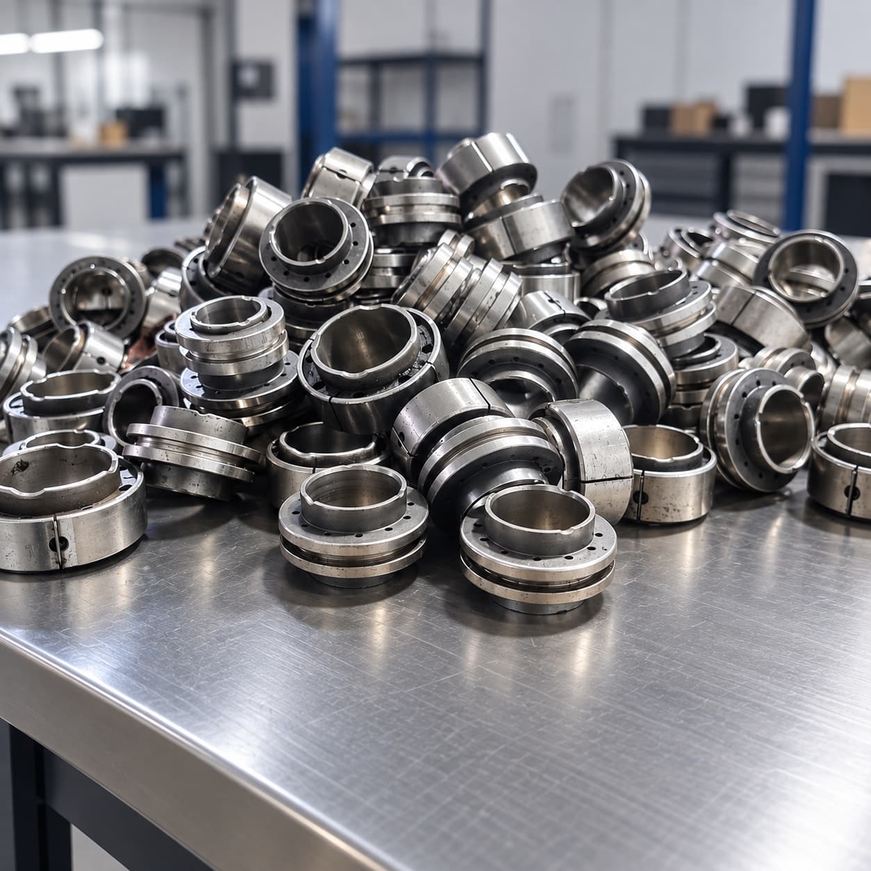 Piezas metálicas cilíndricas mecanizadas sobre una mesa industrial